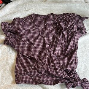 Never worn Madewell purple and Black Gingham Ruffled Blouse